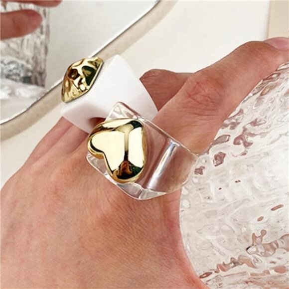 Gold Heart Statement Ring | Clear Cube Base Modern Fashion Jewelry - Picture 3 of 5